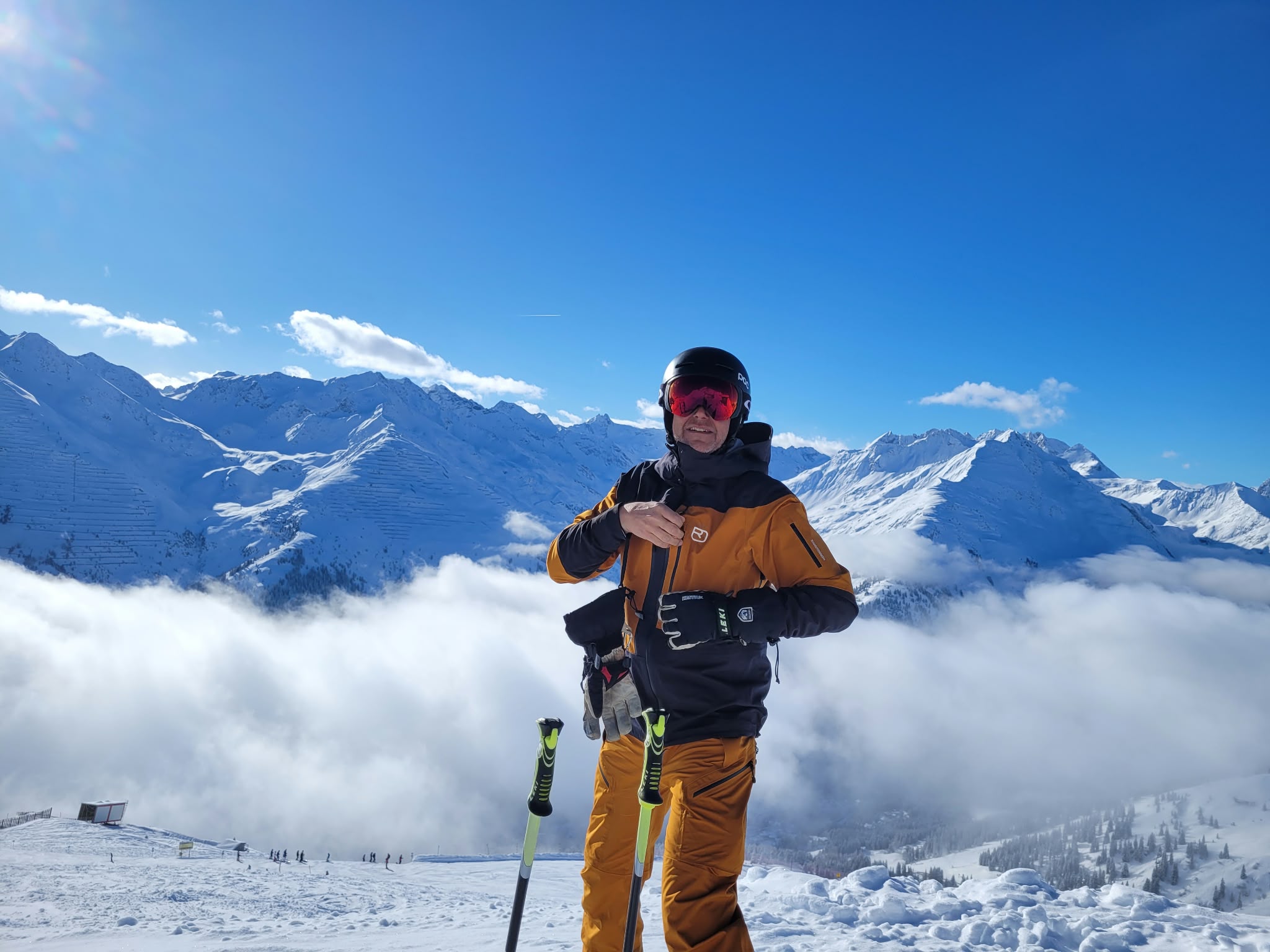 Spring skiing in St. Anton am Arlberg with snowy Alpine mountains